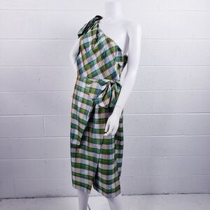 J Crew One Shoulder Sheath‎ Dress Bow Faux Wrap Green Plaid Silk Blend Size 14